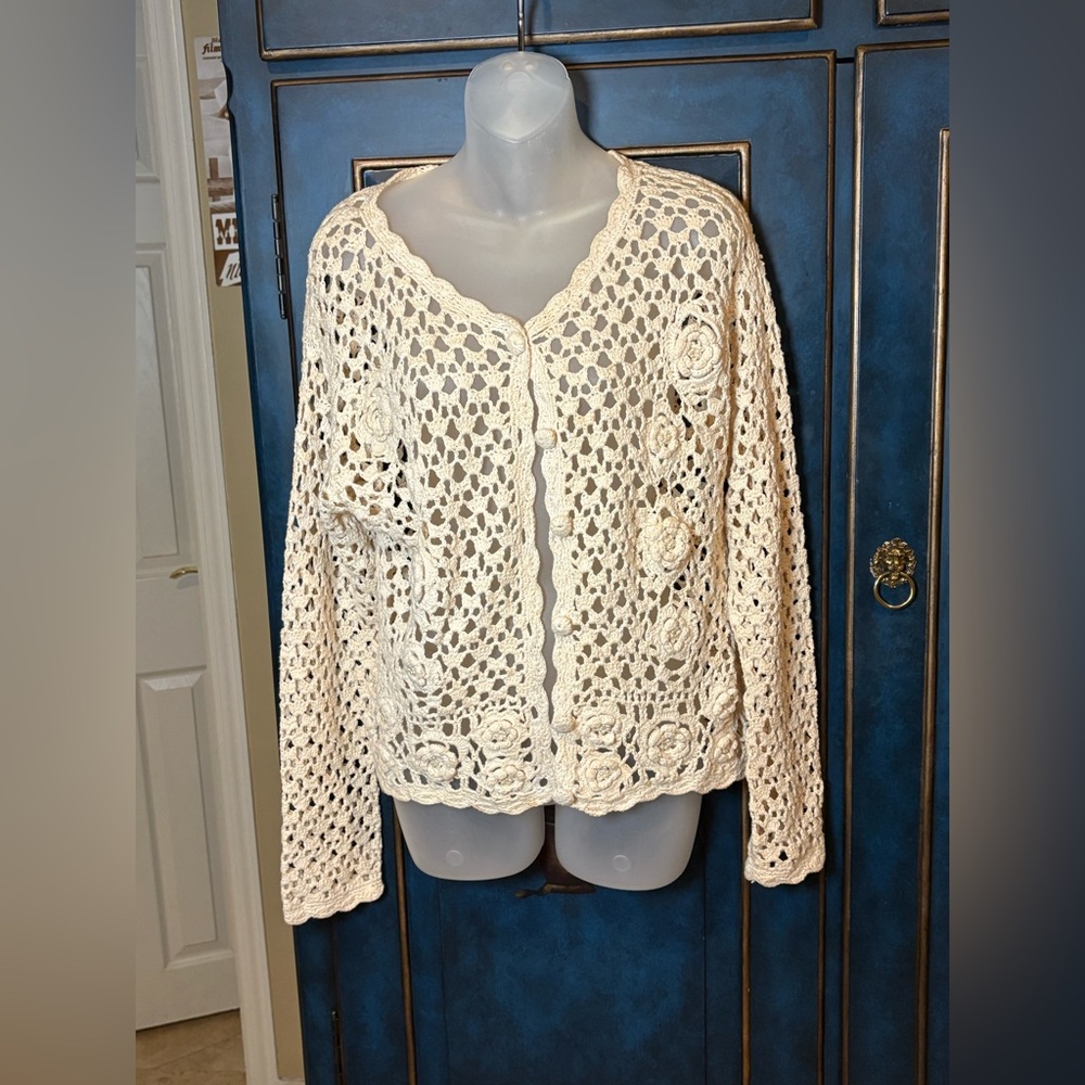 One Step Ahead Cream Crochet Cardigan pearl detail size OS